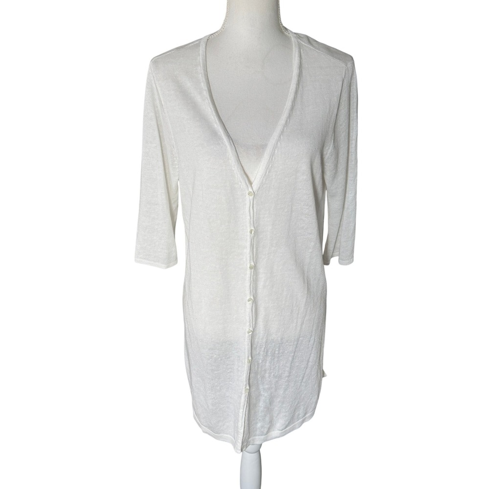 J. Jill White Linen Blend Sheer Button Front Cardigan Sweater Medium Casual NWT